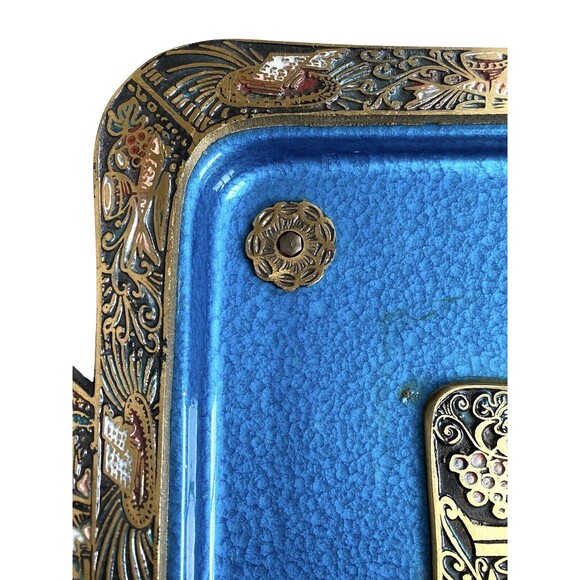 Mid Century Enamel on Brass Carved Footed Tray Dish Bowl Isreal fish wine grapes - Picture 8 of 16